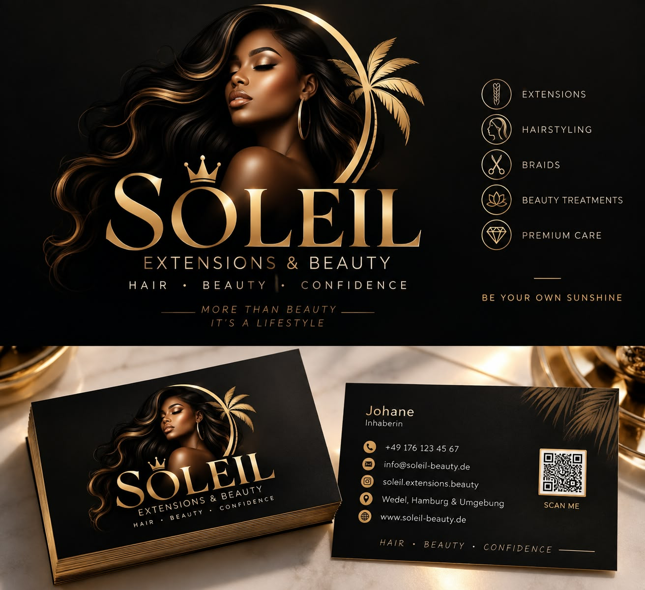SOLEIL EXTENSIONS & BEAUTY — Logo und Visitenkarte